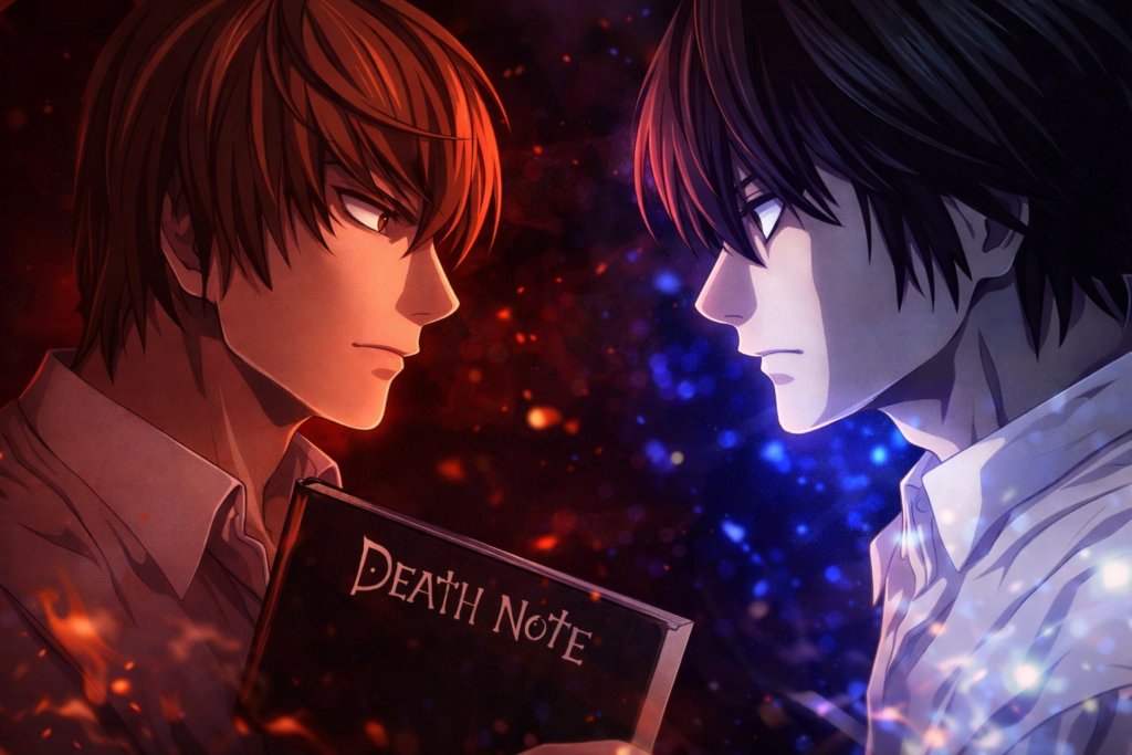 Death Note anime Light Yagami holding the Death Note