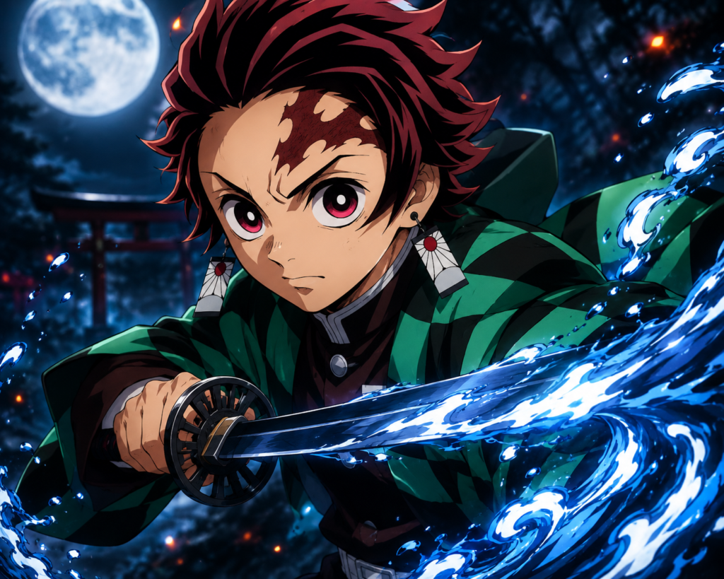Tanjiro Kamado from Demon Slayer Infinity Castle using Water Breathing sword techniques during battle
