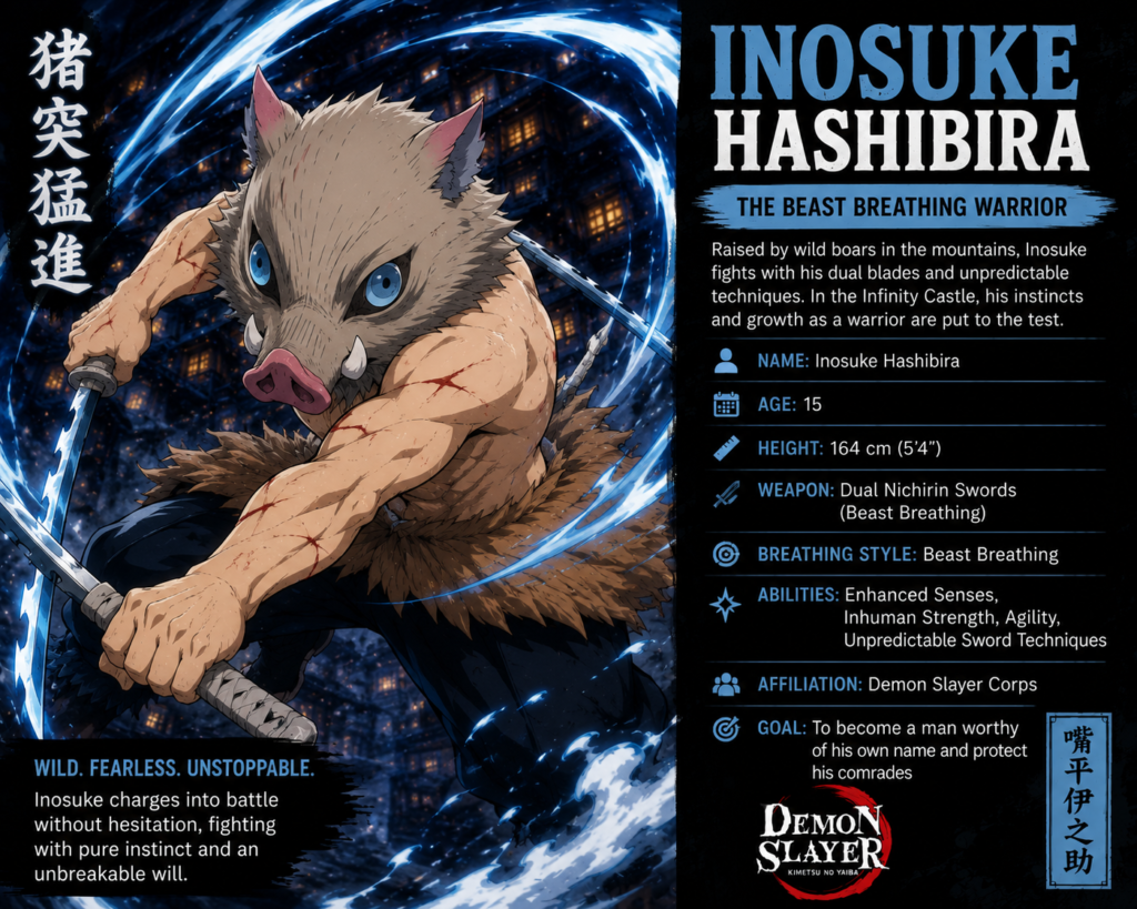 Inosuke Hashibira from Demon Slayer Infinity Castle using Beast Breathing techniques with dual Nichirin swords