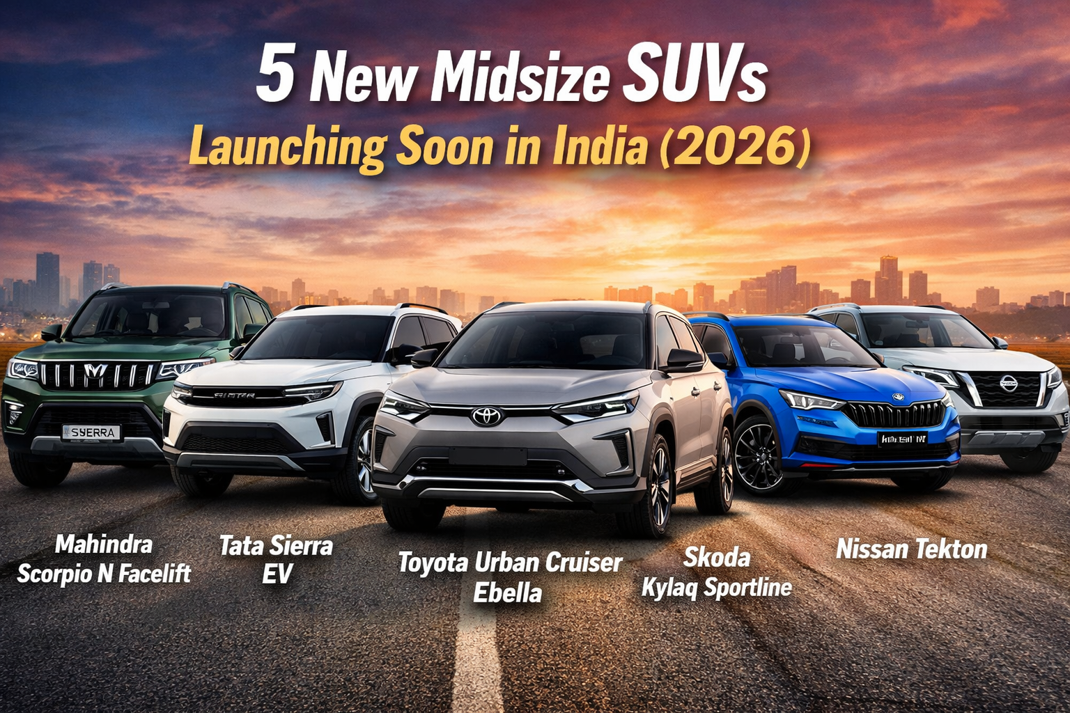 Mahindra Scorpio N Facelift, Tata Sierra EV, Toyota Urban Cruiser Ebella, Skoda Kylaq Sportline and Nissan Tekton upcoming midsize SUVs in India 2026