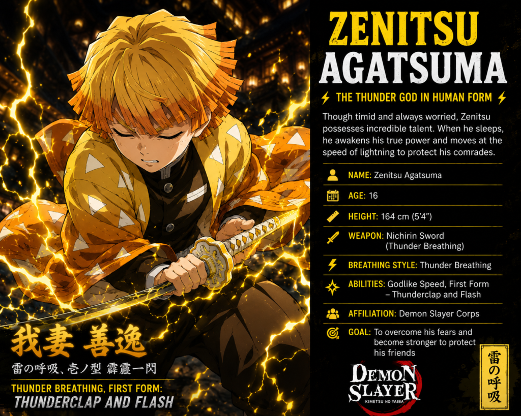 Zenitsu Agatsuma from Demon Slayer Infinity Castle using Thunder Breathing First Form Thunderclap and Flash