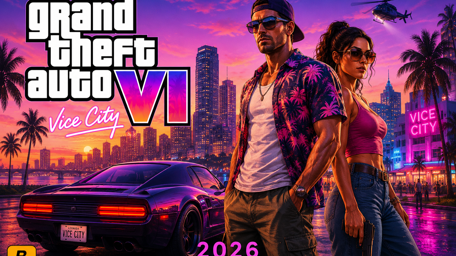 Grand Theft Auto VI (GTA 6) feature image showing Vice City inspired artwork
