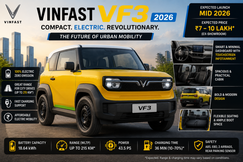 VinFast VF 3 2026 compact electric SUV featuring modern design, fast charging, smart technology, and urban mobility