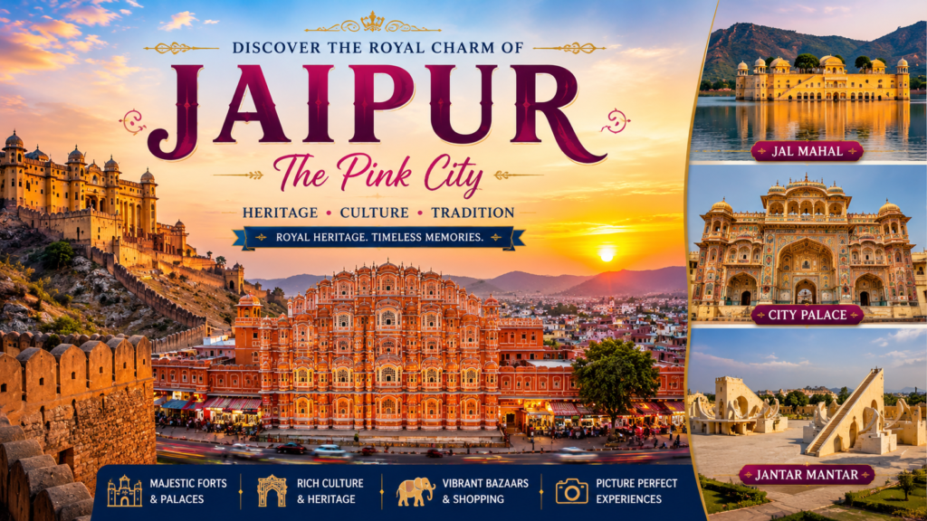 Jaipur city featuring Hawa Mahal, Amber Fort, Jal Mahal, City Palace, and historic architecture