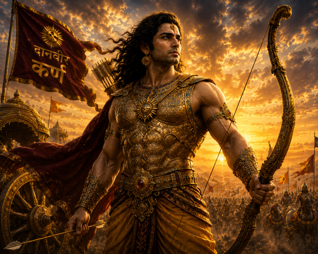 Karna wearing golden armor and earrings while holding his bow.
