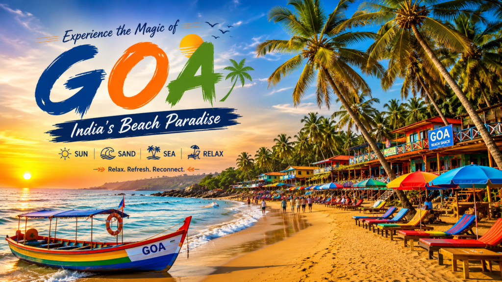 Beautiful Goa beach with palm trees, colorful beach shacks, golden sand, and sunset views