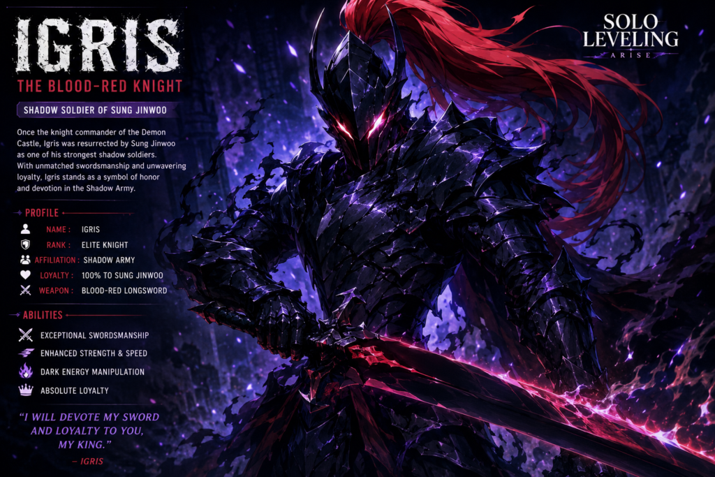Igris from Solo Leveling Anime wearing dark armor and wielding a powerful sword as a shadow knight