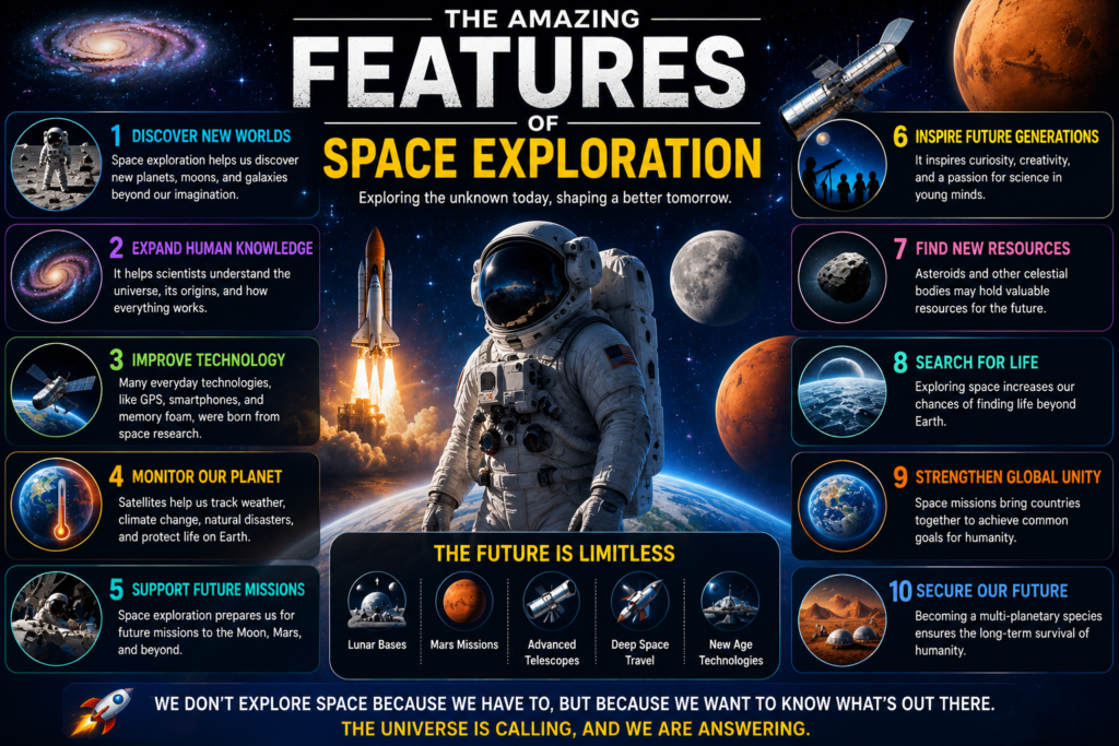 Space exploration infographic featuring astronauts, rockets, planets, satellites, Mars missions, and future space technology