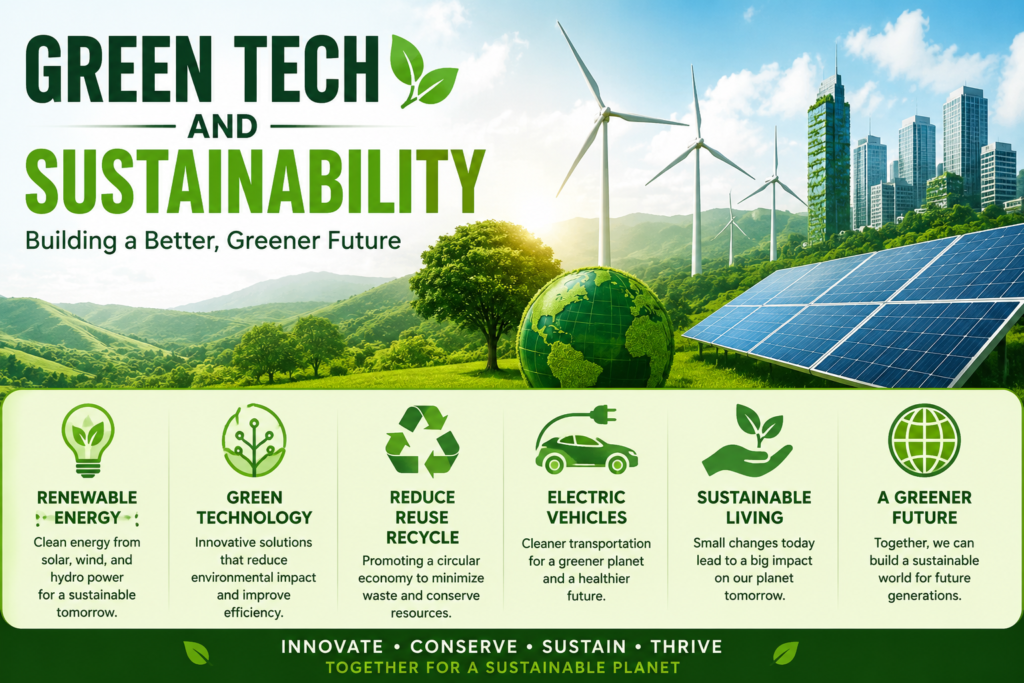 Green technology and sustainability featuring solar panels, wind turbines, electric vehicles, renewable energy, and eco-friendly innovations