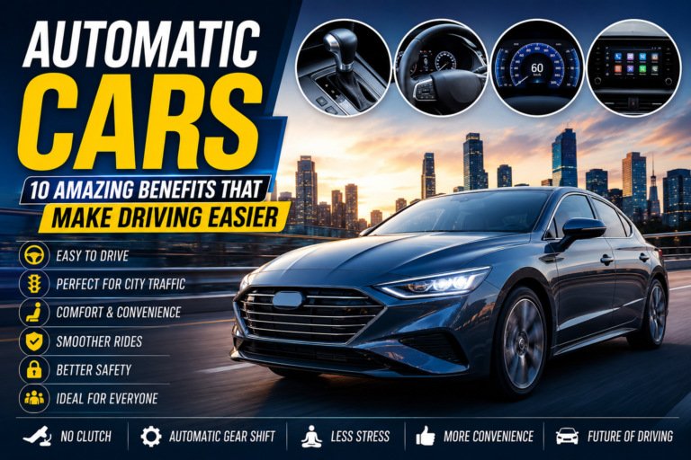 Automatic Cars feature image showing a modern automatic sedan with automatic transmission and smart driving technology