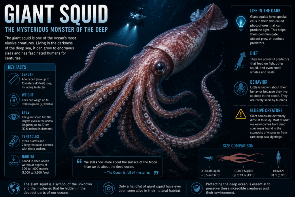 Giant squid swimming through the deep ocean with its long tentacles and massive body.