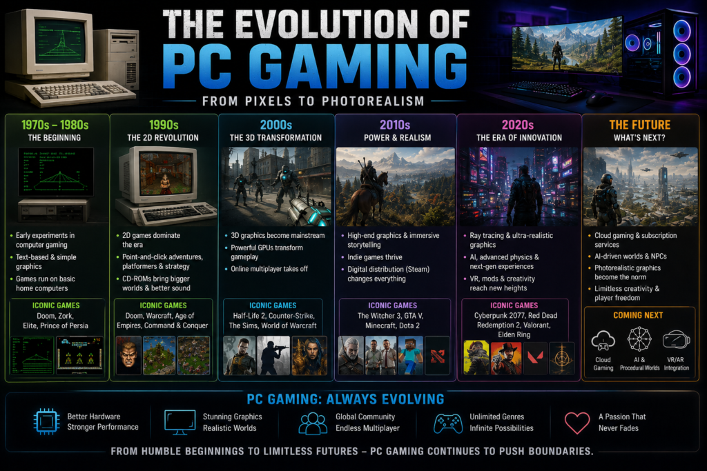 History of Video Games infographic showing the evolution of PC gaming from early computers to modern high-performance gaming systems.