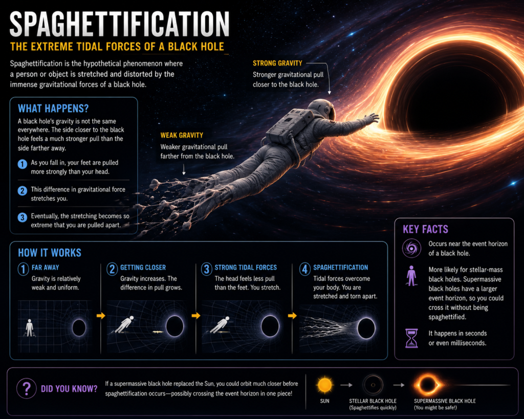 Infographic illustrating how extreme gravity stretches objects near a black hole through spaghettification.