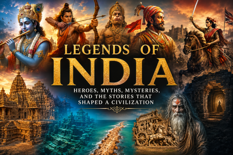 Collage of the Legends of India featuring Lord Krishna, Lord Rama, Hanuman, Chhatrapati Shivaji Maharaj, Rani Lakshmibai, ancient temples, Ram Setu, and Indian historical legends.
