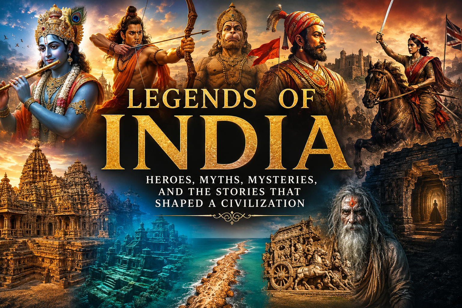 Collage of the Legends of India featuring Lord Krishna, Lord Rama, Hanuman, Chhatrapati Shivaji Maharaj, Rani Lakshmibai, ancient temples, Ram Setu, and Indian historical legends.