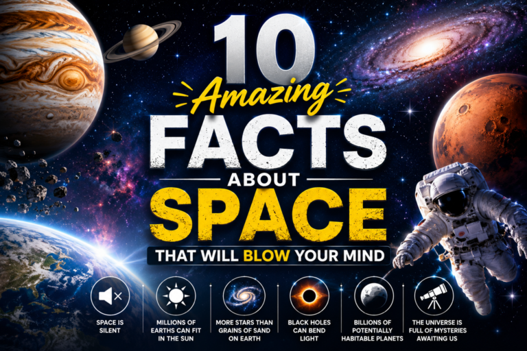 Colorful space scene featuring planets, galaxies, stars, astronaut, and amazing facts about space