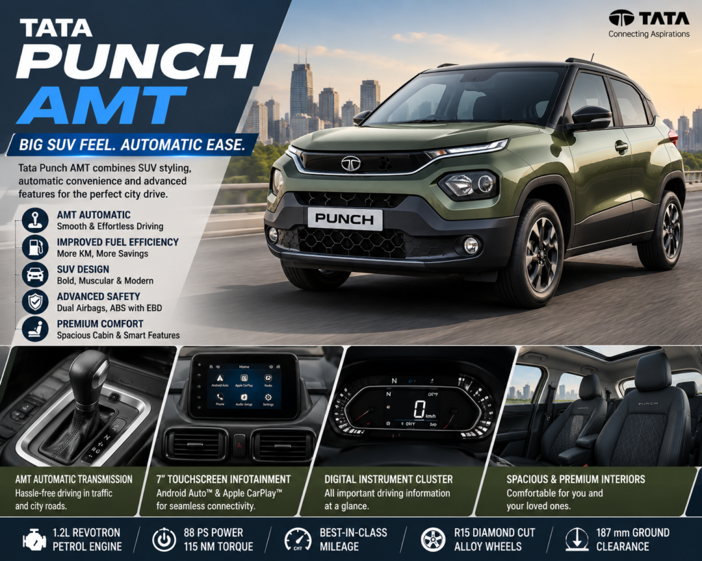 Tata Punch AMT compact SUV featuring automatic transmission, modern design, and advanced safety features