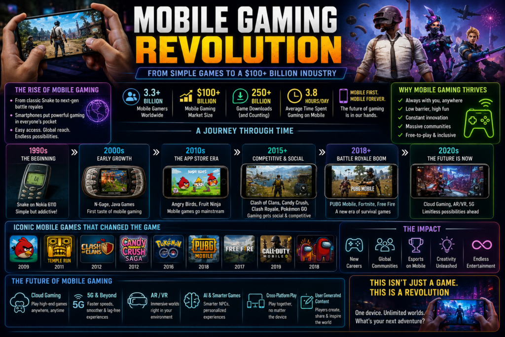 History of Video Games infographic showing the evolution of mobile gaming from Snake to modern battle royale games.