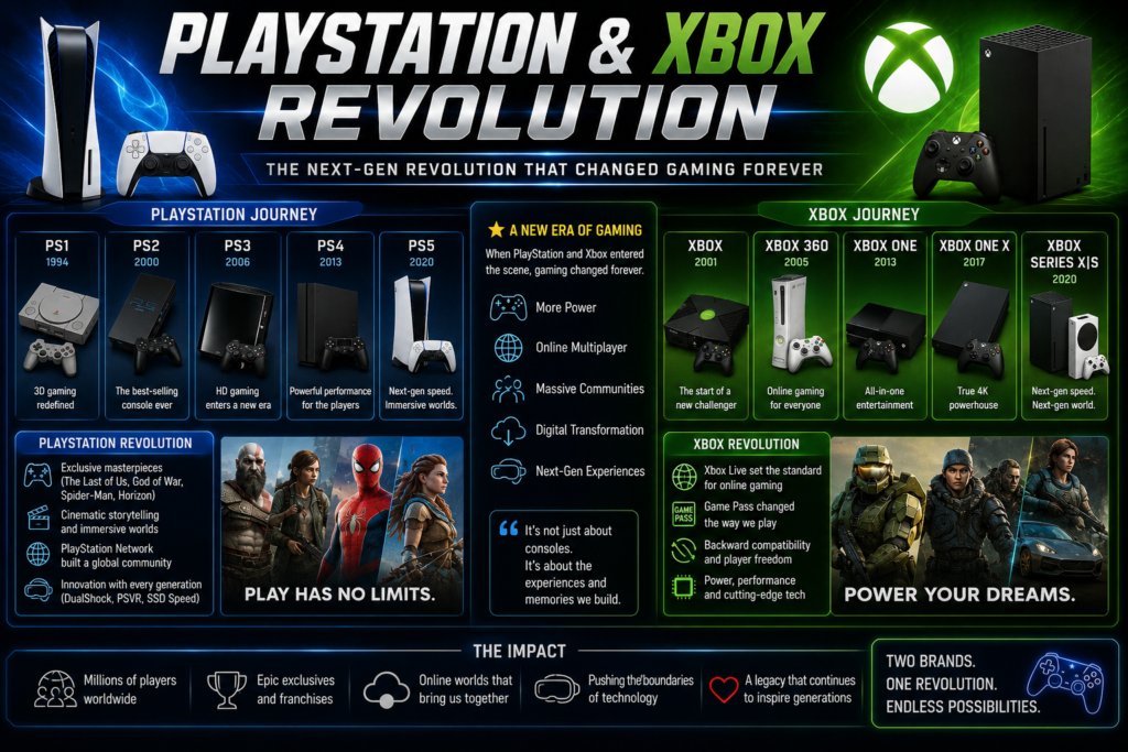 History of Video Games infographic showing the rise of PlayStation and Xbox consoles and their impact on modern gaming.