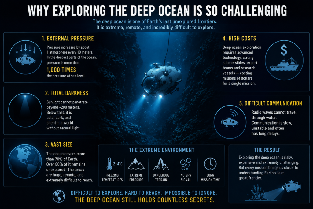 Infographic showing the five major challenges of deep-sea exploration: extreme pressure, total darkness, vast ocean size, high costs, and difficult underwater communication.