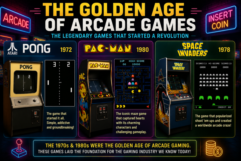History of Video Games infographic featuring Pong, Pac-Man, and Space Invaders during the golden age of arcade gaming.