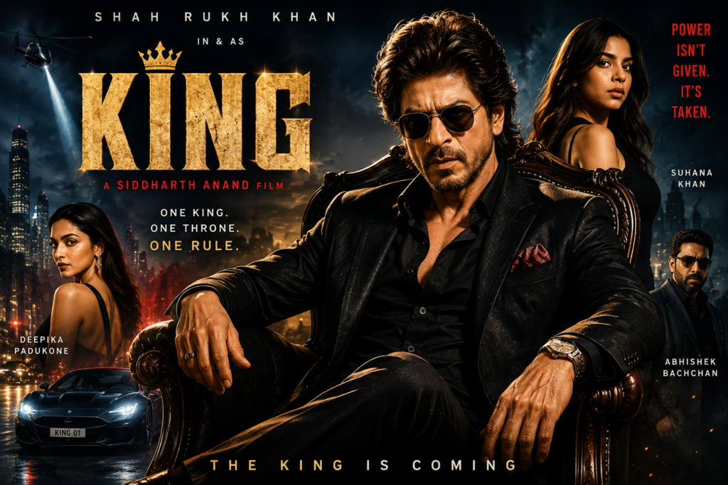 King 2026 movie poster featuring Shah Rukh Khan, action thriller theme, luxury setting, and cinematic visuals