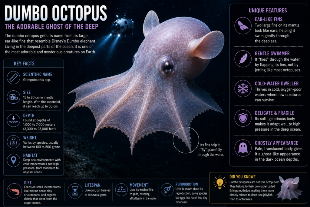 Dumbo octopus swimming gracefully using its ear-like fins in the deep ocean.