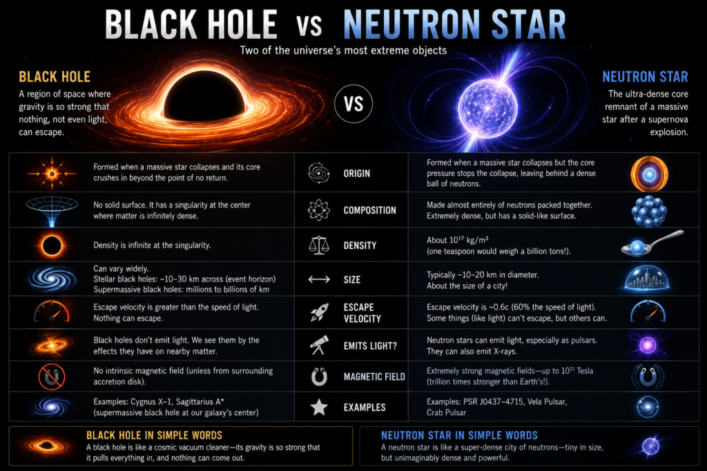 Comparison infographic showing the differences between black holes and neutron stars.