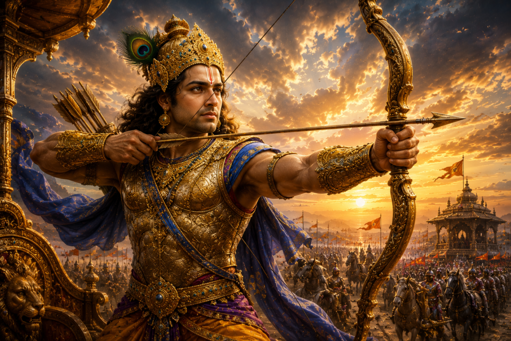 Arjuna aiming his bow and arrow on the battlefield of Kurukshetra.