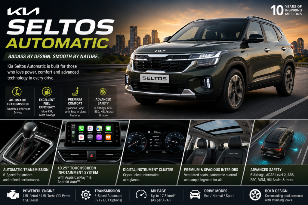 Kia Seltos Automatic SUV featuring advanced technology, automatic transmission, premium interiors, and stylish design