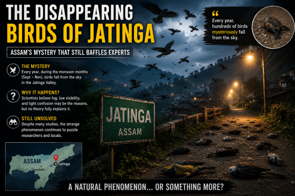 Birds flying toward lights during the mysterious Jatinga bird phenomenon in Assam, one of the most famous unsolved mysteries of India.