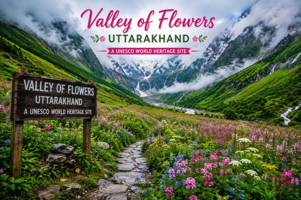 Valley of Flowers Uttarakhand during monsoon featuring colorful alpine flowers, Himalayan mountains, lush green meadows, and scenic trekking trails