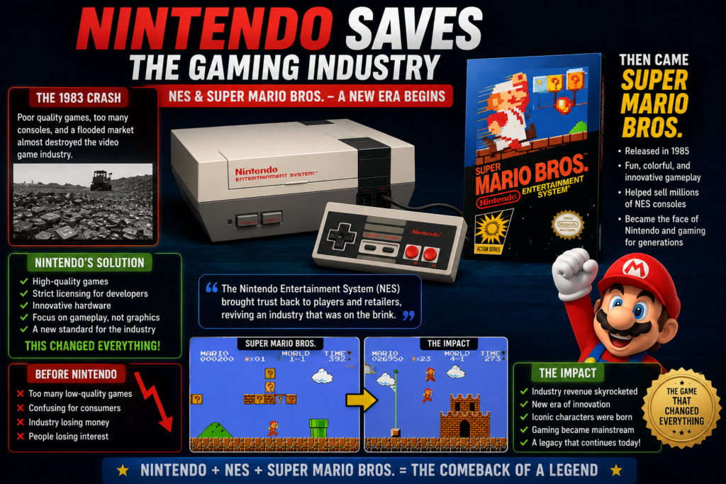 History of Video Games infographic showing how Nintendo, the NES, and Super Mario Bros. revived the gaming industry after the 1983 crash.