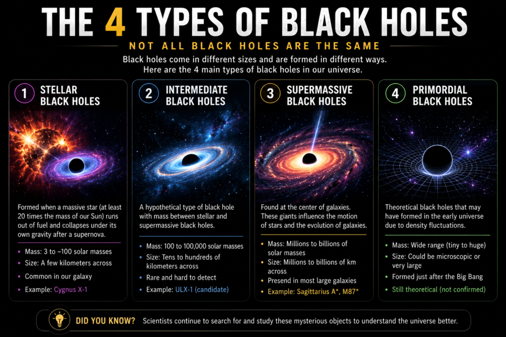 Infographic comparing stellar, intermediate, supermassive, and primordial black holes.