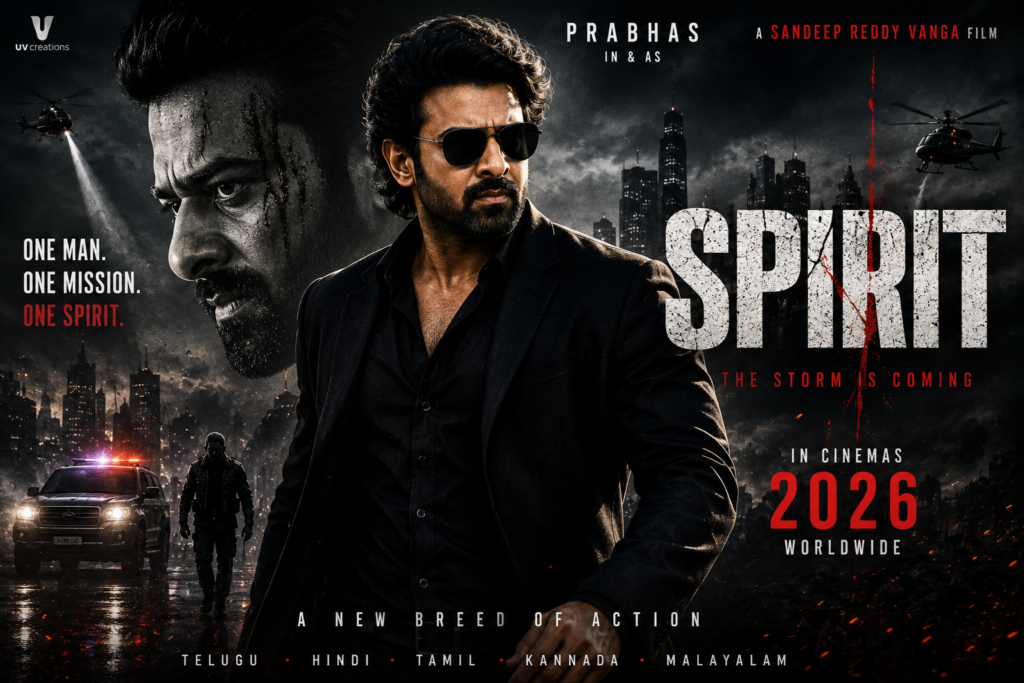 Spirit 2026 movie poster featuring Prabhas, action thriller theme, dark cityscape, helicopters, and intense cinematic visuals