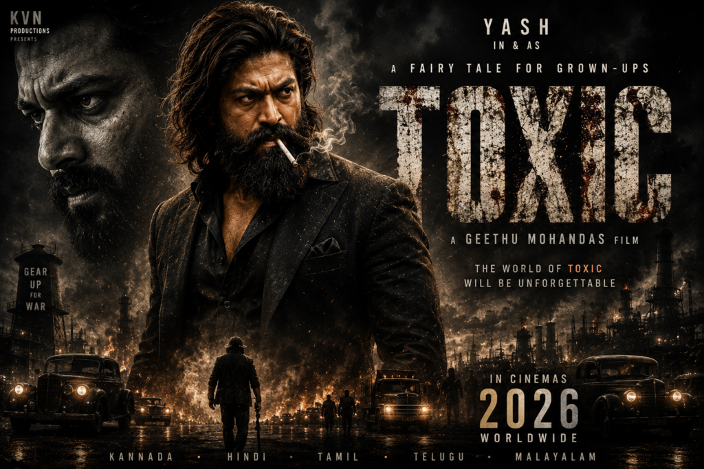 Toxic 2026 movie poster featuring Yash, gangster action theme, industrial backdrop, vintage cars, and cinematic visuals