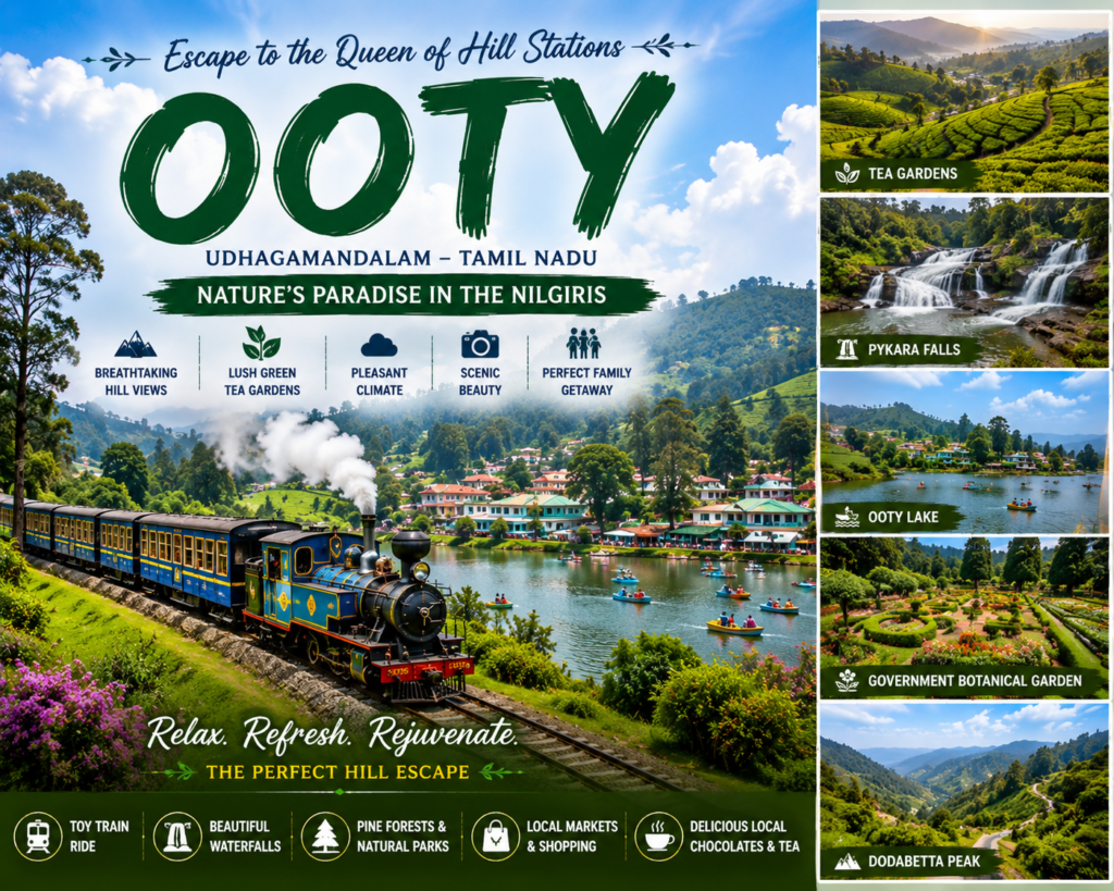 Ooty hill station featuring Nilgiri Mountain Railway, tea gardens, Ooty Lake, waterfalls, and scenic green hills