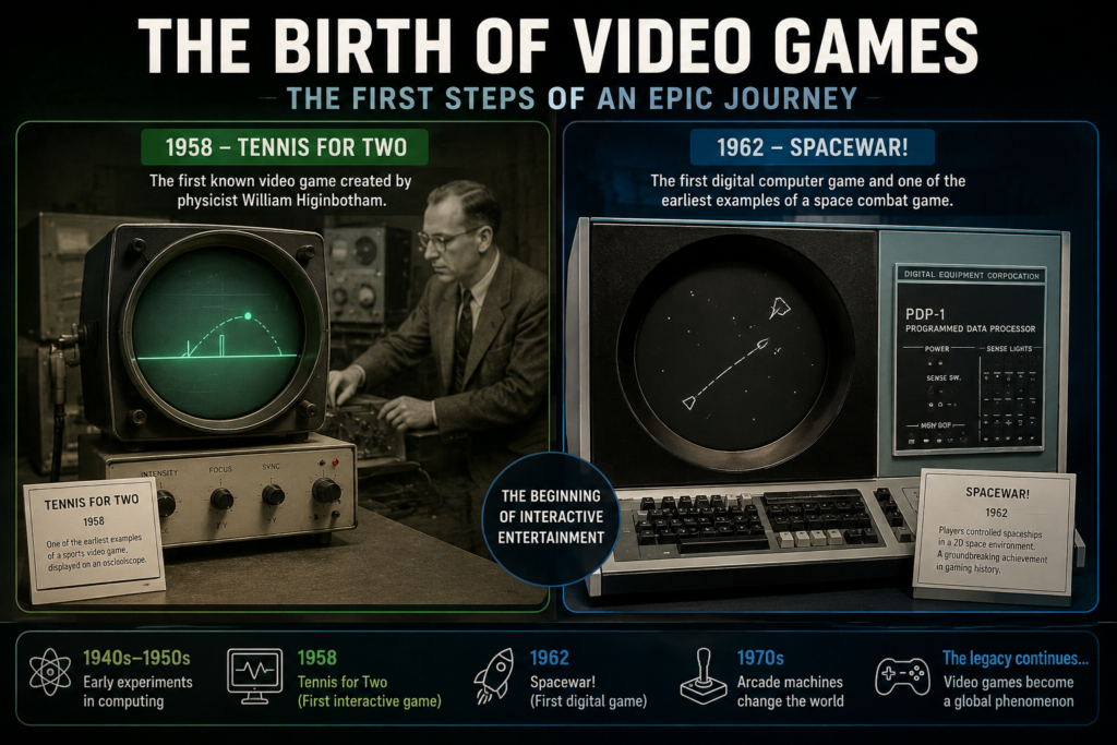History of Video Games infographic showing Tennis for Two (1958) and Spacewar! (1962), the first milestones in video game history.