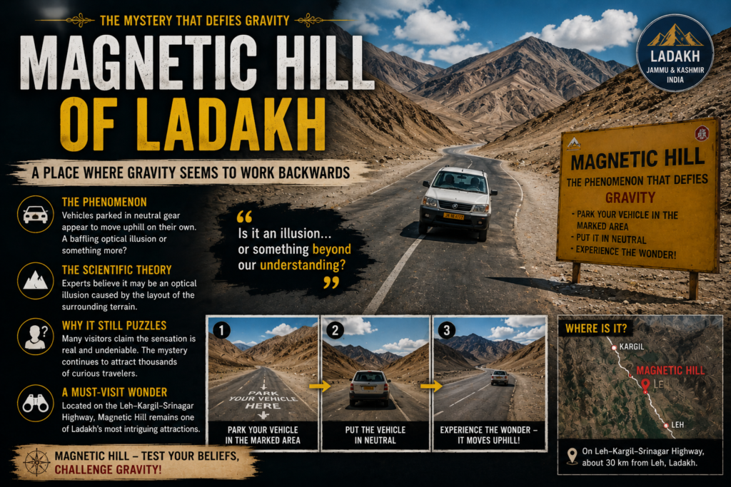 Magnetic Hill in Ladakh where vehicles appear to move uphill due to a famous optical illusion, one of the most intriguing unsolved mysteries of India.
