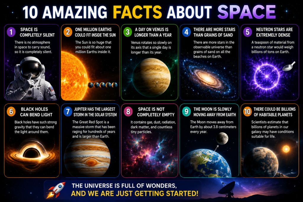 Space infographic showing 10 amazing facts about space, planets, stars, black holes, galaxies, and the universe