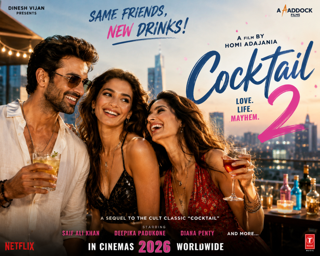 Cocktail 2 2026 movie poster featuring romance, friendship, rooftop party, city skyline, and vibrant cinematic visuals