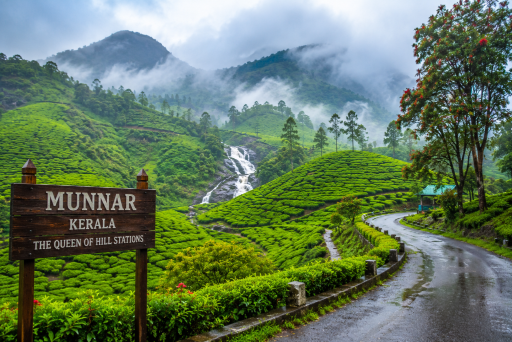 Munnar Kerala during monsoon featuring lush tea plantations, mist-covered hills, waterfalls, and scenic roads