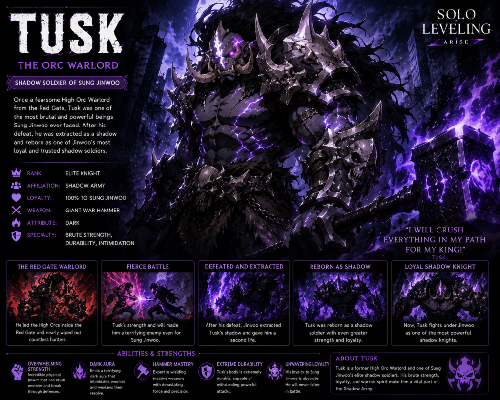 Tusk from Solo Leveling Anime using powerful magic as an elite shadow soldier in Sung Jinwoo's Shadow Army
