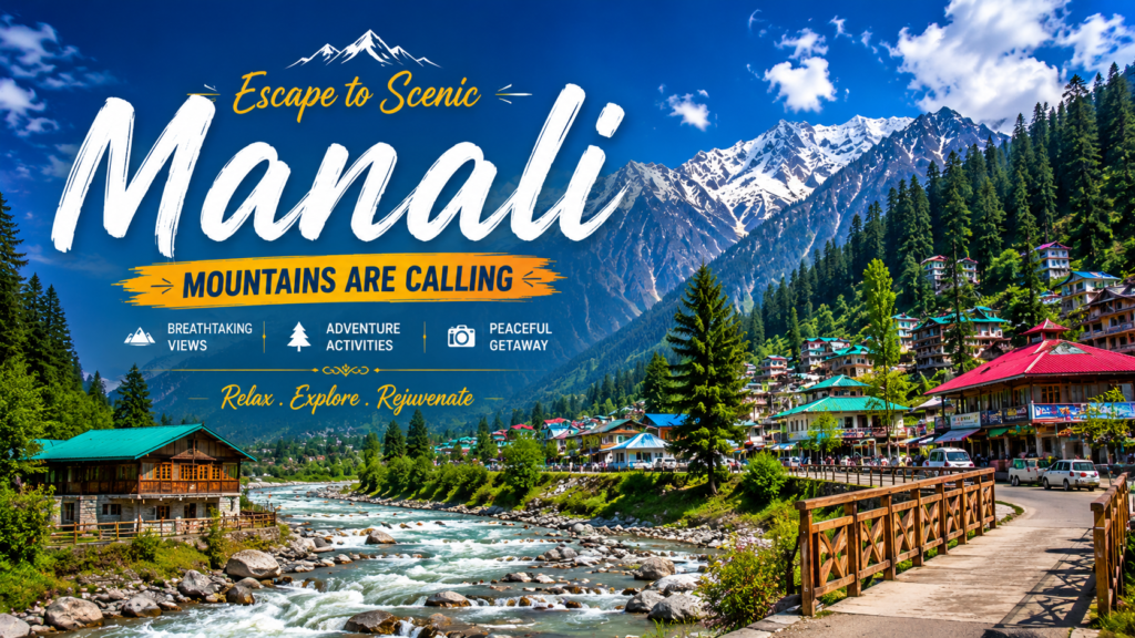 Beautiful Manali landscape featuring snow-capped mountains, pine forests, river streams, and scenic valley views