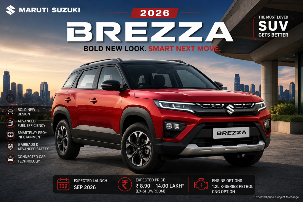 Maruti Suzuki Brezza 2026 compact SUV featuring updated design, advanced safety features, fuel-efficient engine, and smart connectivity