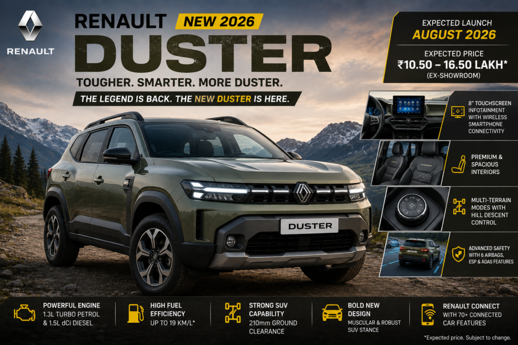 Renault New Duster 2026 SUV featuring rugged design, premium interior, advanced safety features, and connected technology