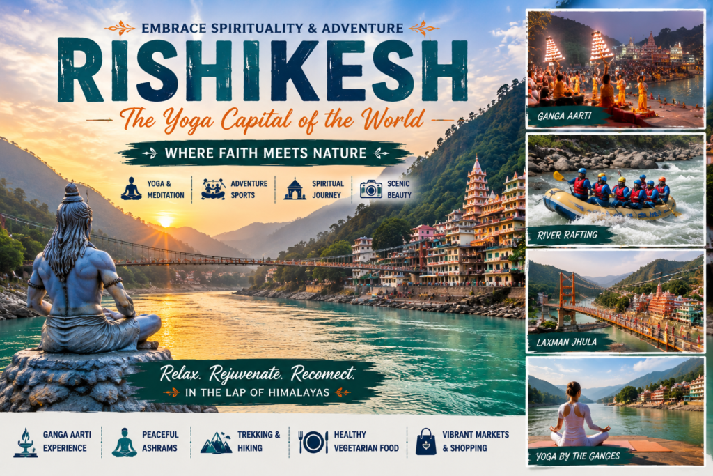 Rishikesh featuring the Ganges River, Laxman Jhula, yoga meditation, river rafting, and spiritual landmarks