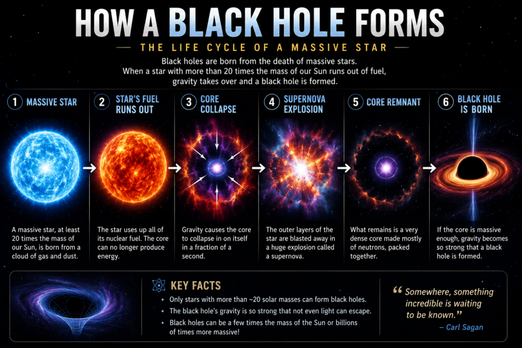 Infographic showing how a massive star collapses into a black hole through a supernova explosion.