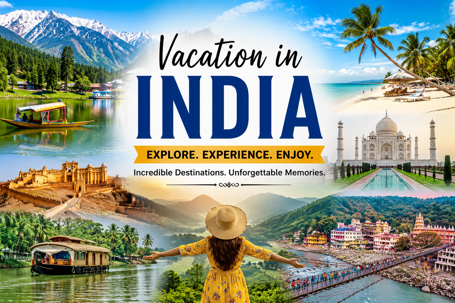 Vacation in India featuring Kashmir mountains, Goa beaches, Kerala backwaters, Jaipur forts, and the Taj Mahal