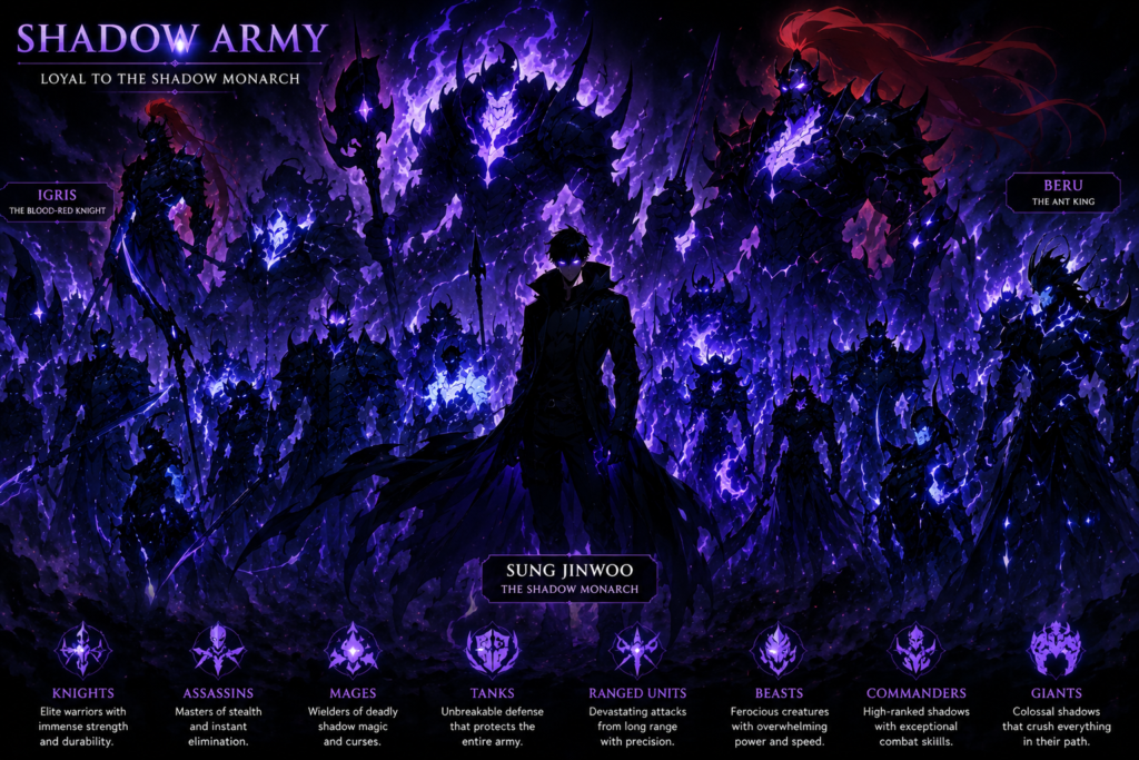 Shadow Army led by Sung Jinwoo in Solo Leveling Anime featuring Igris, Beru, and powerful shadow soldiers